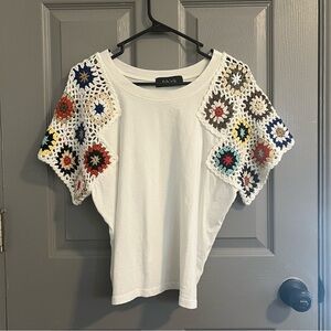 Fab'rik White Top with Multicolor Crochet Sleeves